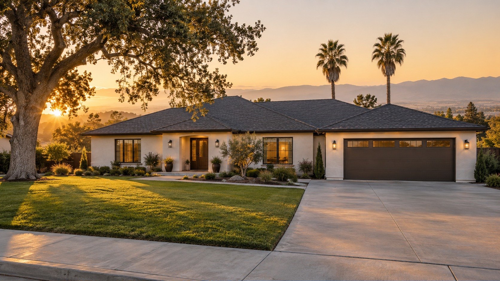Fresno home with a new architectural shingle roof at golden hour